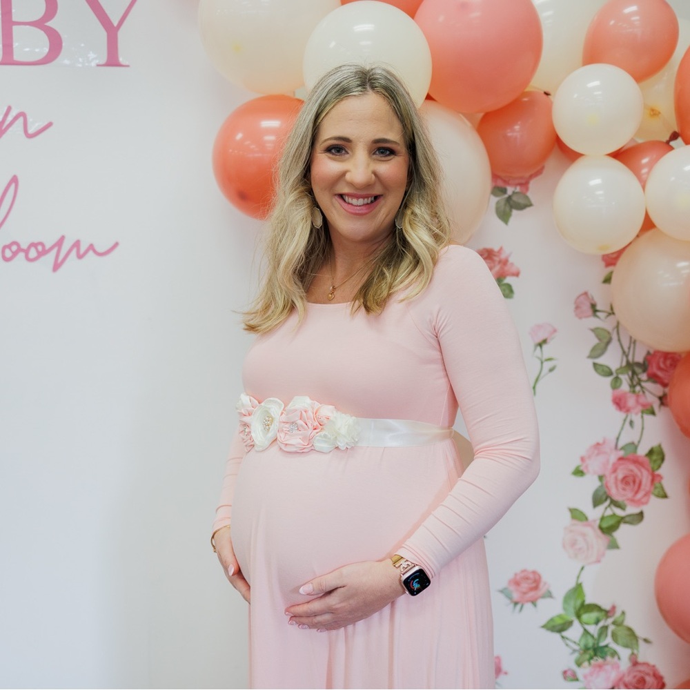 Pink Blush Maternity Dress with Floral Belt